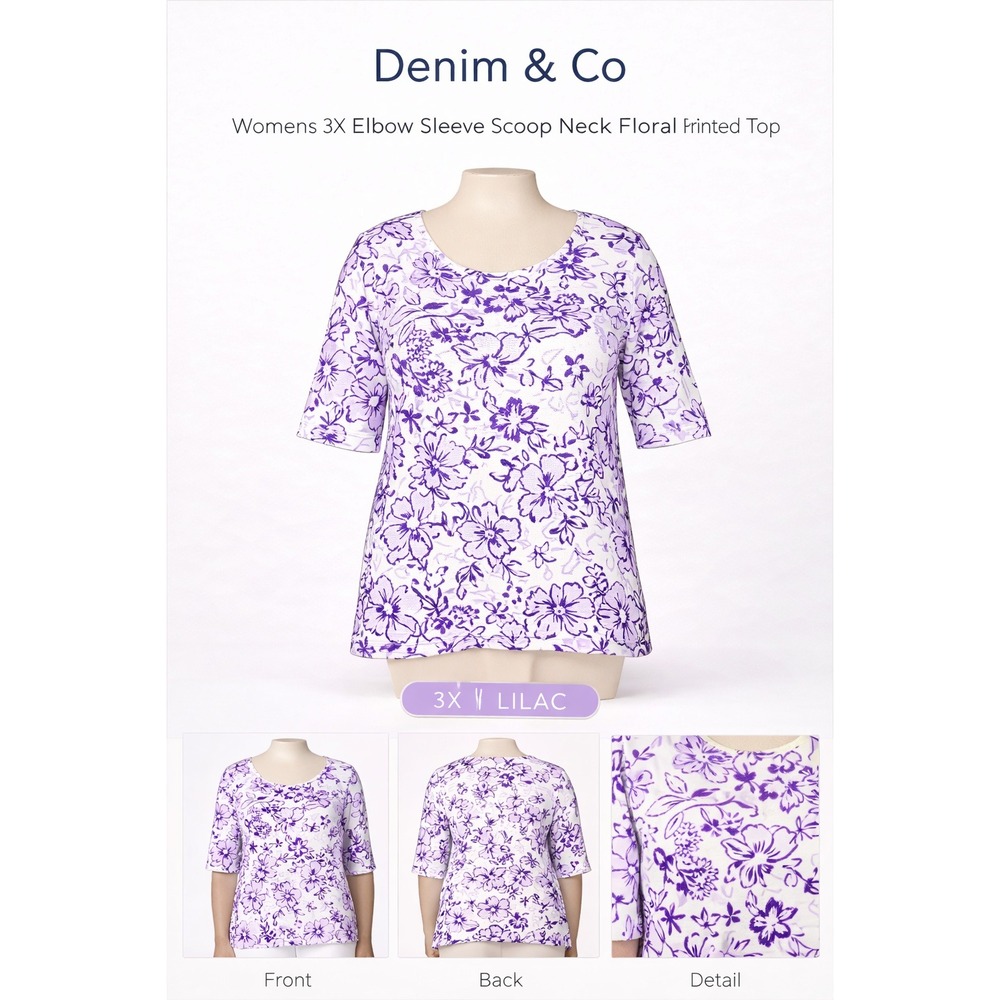 Denim & Co‎ Womens 3X Elbow Sleeve Scoop Neck Floral Printed Top Lilac A232620